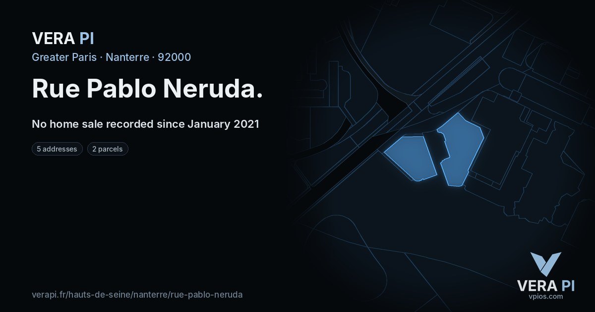 Rue Pablo Neruda, Nanterre at night – every parcel coloured by the prices around it, the street's own parcels lit