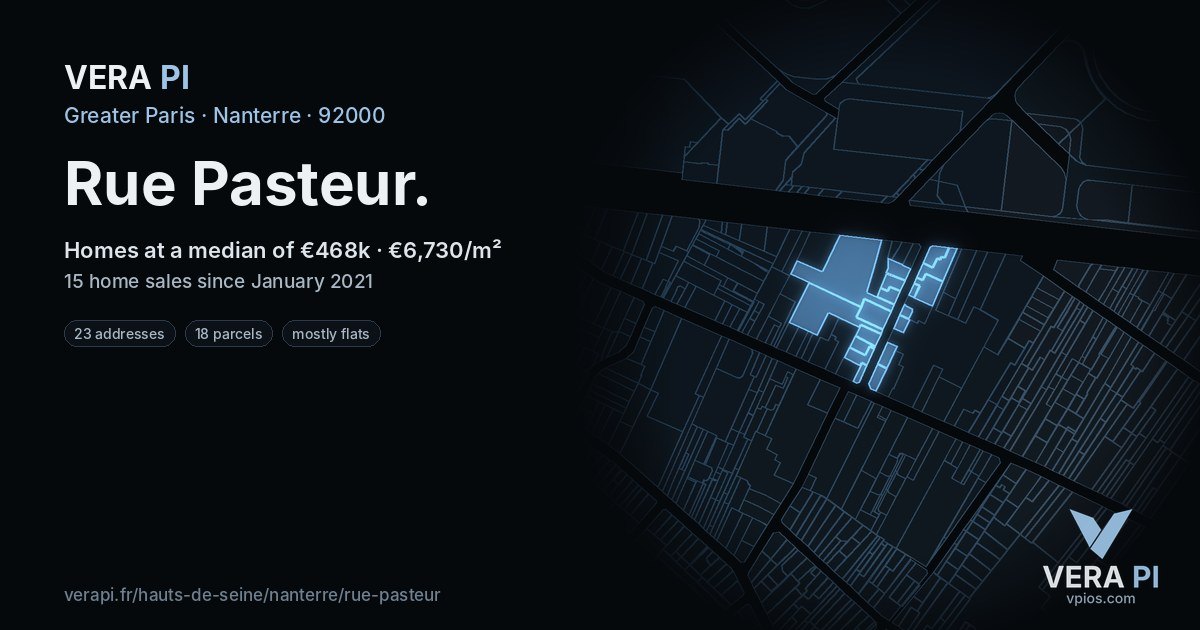 Rue Pasteur, Nanterre at night – every parcel coloured by the prices around it, the street's own parcels lit