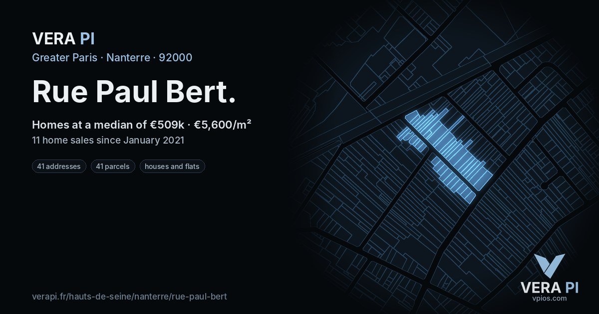 Rue Paul Bert, Nanterre at night – every parcel coloured by the prices around it, the street's own parcels lit