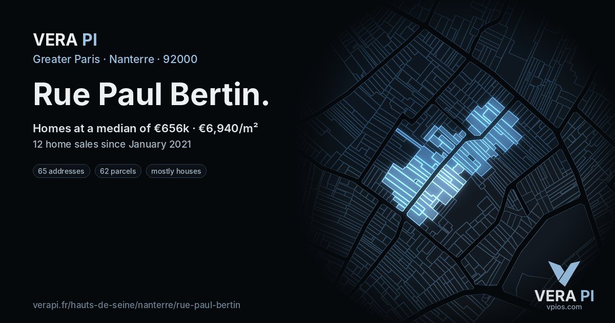 Rue Paul Bertin, Nanterre at night – every parcel coloured by the prices around it, the street's own parcels lit