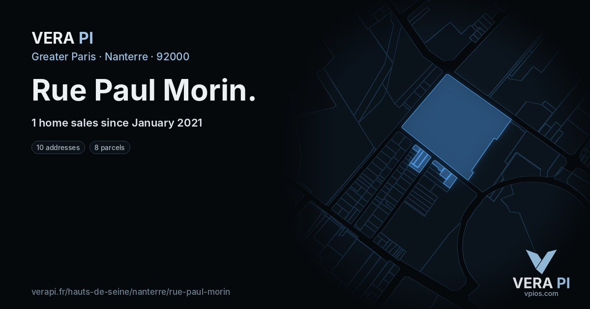 Rue Paul Morin, Nanterre at night – every parcel coloured by the prices around it, the street's own parcels lit