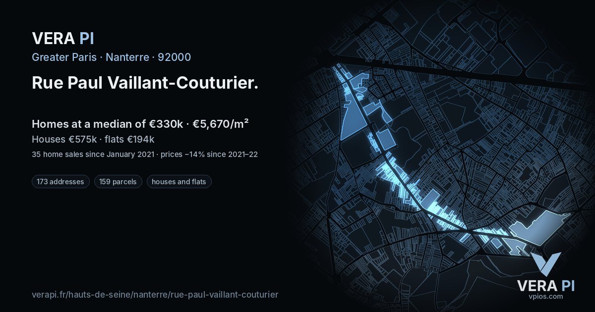 Rue Paul Vaillant-Couturier, Nanterre at night – every parcel coloured by the prices around it, the street's own parcels lit