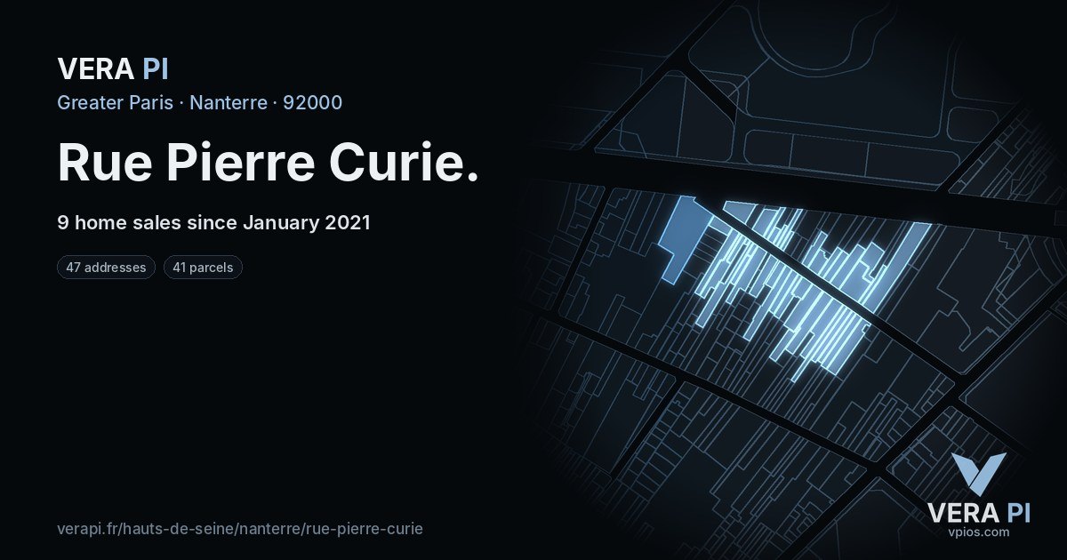 Rue Pierre Curie, Nanterre at night – every parcel coloured by the prices around it, the street's own parcels lit