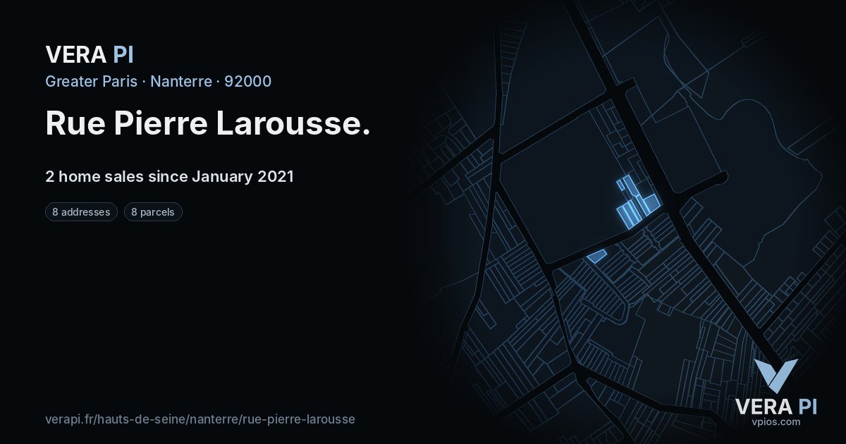 Rue Pierre Larousse, Nanterre at night – every parcel coloured by the prices around it, the street's own parcels lit