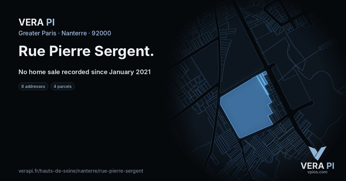 Rue Pierre Sergent, Nanterre at night – every parcel coloured by the prices around it, the street's own parcels lit