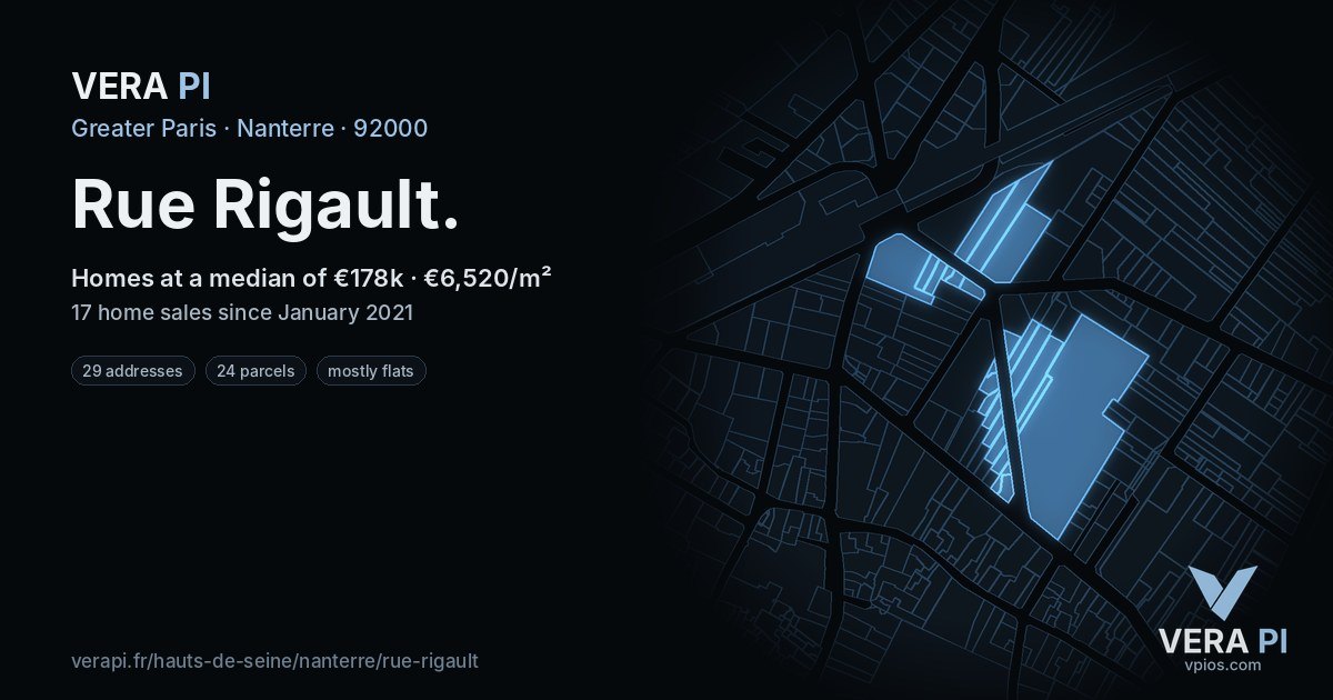 Rue Rigault, Nanterre at night – every parcel coloured by the prices around it, the street's own parcels lit