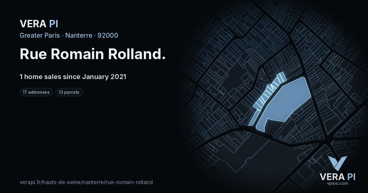 Rue Romain Rolland, Nanterre at night – every parcel coloured by the prices around it, the street's own parcels lit