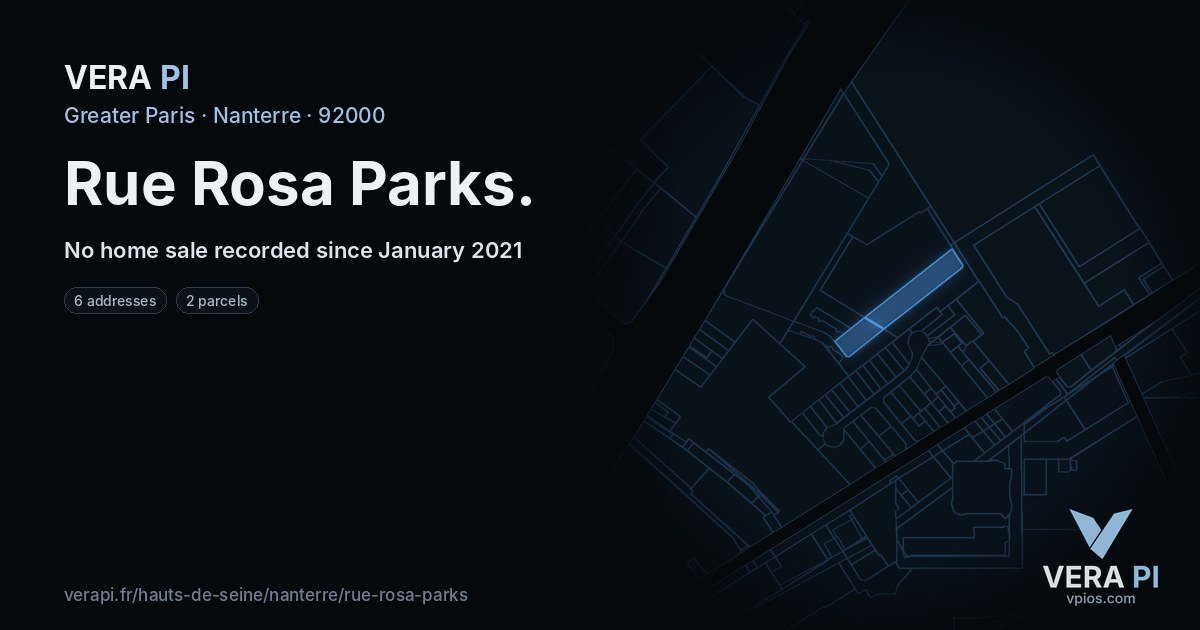 Rue Rosa Parks, Nanterre at night – every parcel coloured by the prices around it, the street's own parcels lit