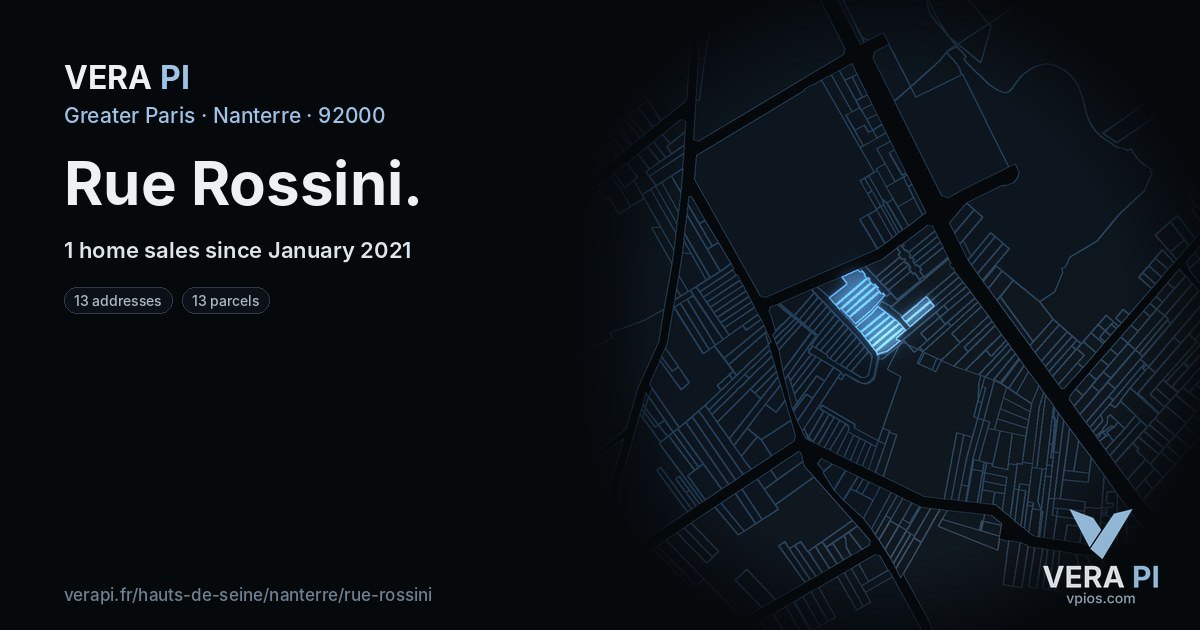 Rue Rossini, Nanterre at night – every parcel coloured by the prices around it, the street's own parcels lit