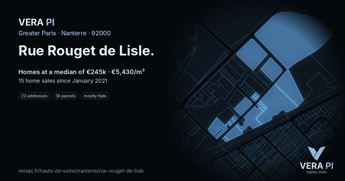 Rue Rouget de Lisle, Nanterre at night – every parcel coloured by the prices around it, the street's own parcels lit