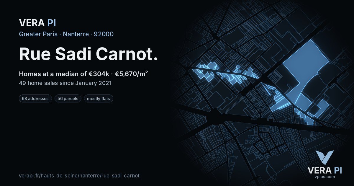 Rue Sadi Carnot, Nanterre at night – every parcel coloured by the prices around it, the street's own parcels lit