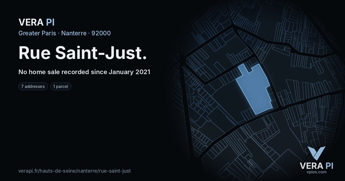 Rue Saint-Just, Nanterre at night – every parcel coloured by the prices around it, the street's own parcels lit
