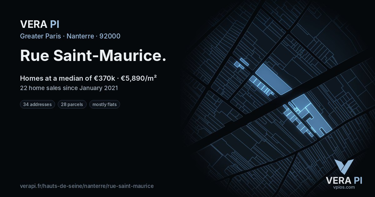 Rue Saint-Maurice, Nanterre at night – every parcel coloured by the prices around it, the street's own parcels lit