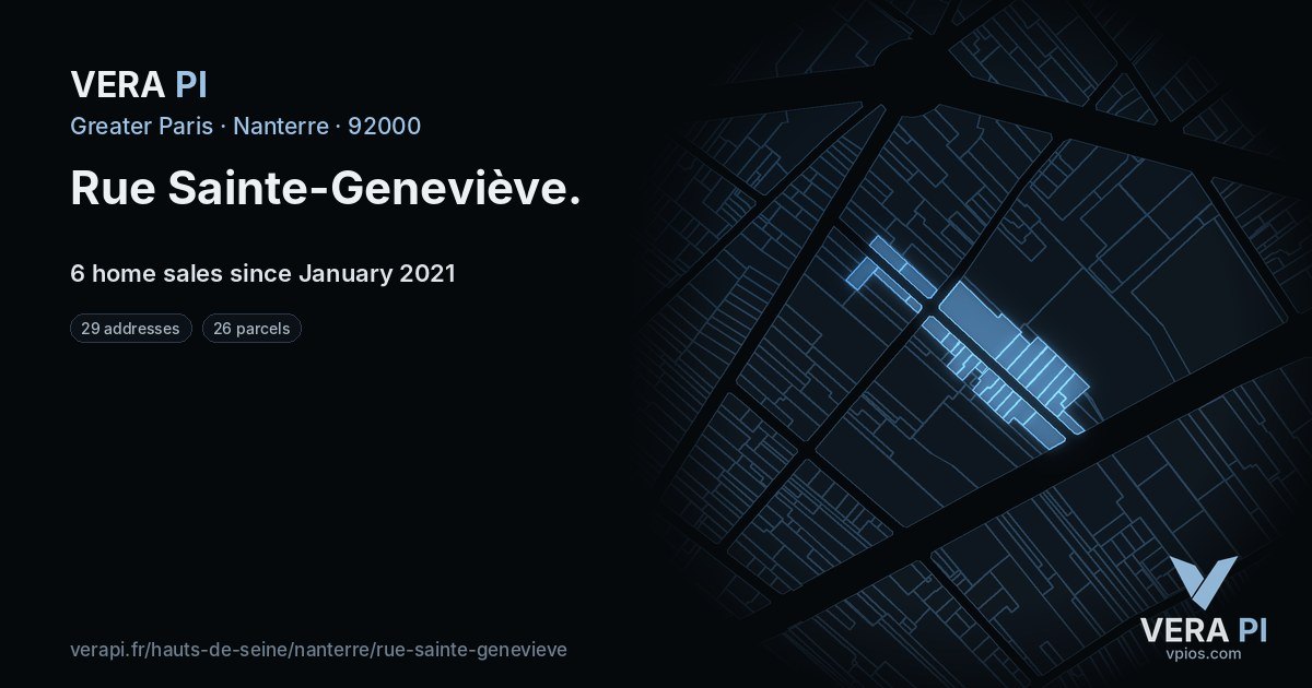 Rue Sainte-Geneviève, Nanterre at night – every parcel coloured by the prices around it, the street's own parcels lit
