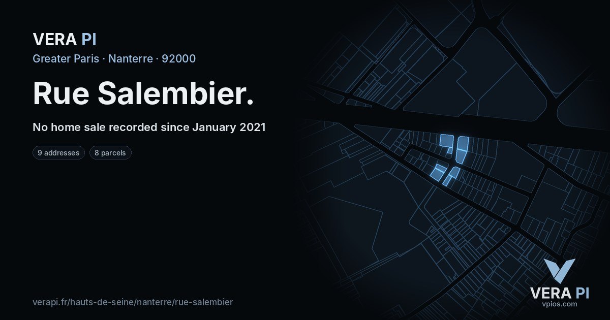 Rue Salembier, Nanterre at night – every parcel coloured by the prices around it, the street's own parcels lit