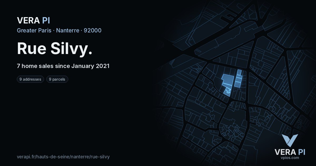 Rue Silvy, Nanterre at night – every parcel coloured by the prices around it, the street's own parcels lit