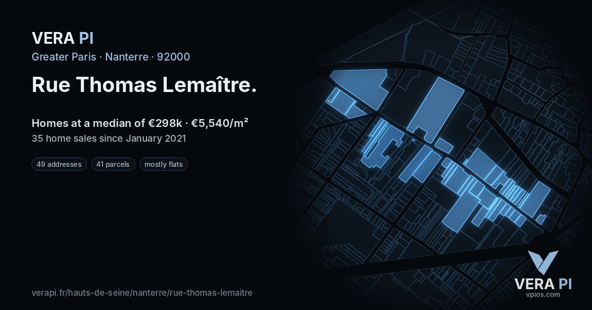 Rue Thomas Lemaître, Nanterre at night – every parcel coloured by the prices around it, the street's own parcels lit