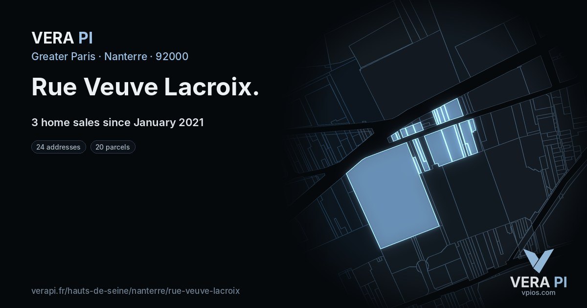 Rue Veuve Lacroix, Nanterre at night – every parcel coloured by the prices around it, the street's own parcels lit