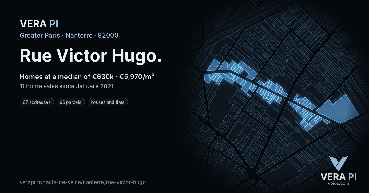 Rue Victor Hugo, Nanterre at night – every parcel coloured by the prices around it, the street's own parcels lit