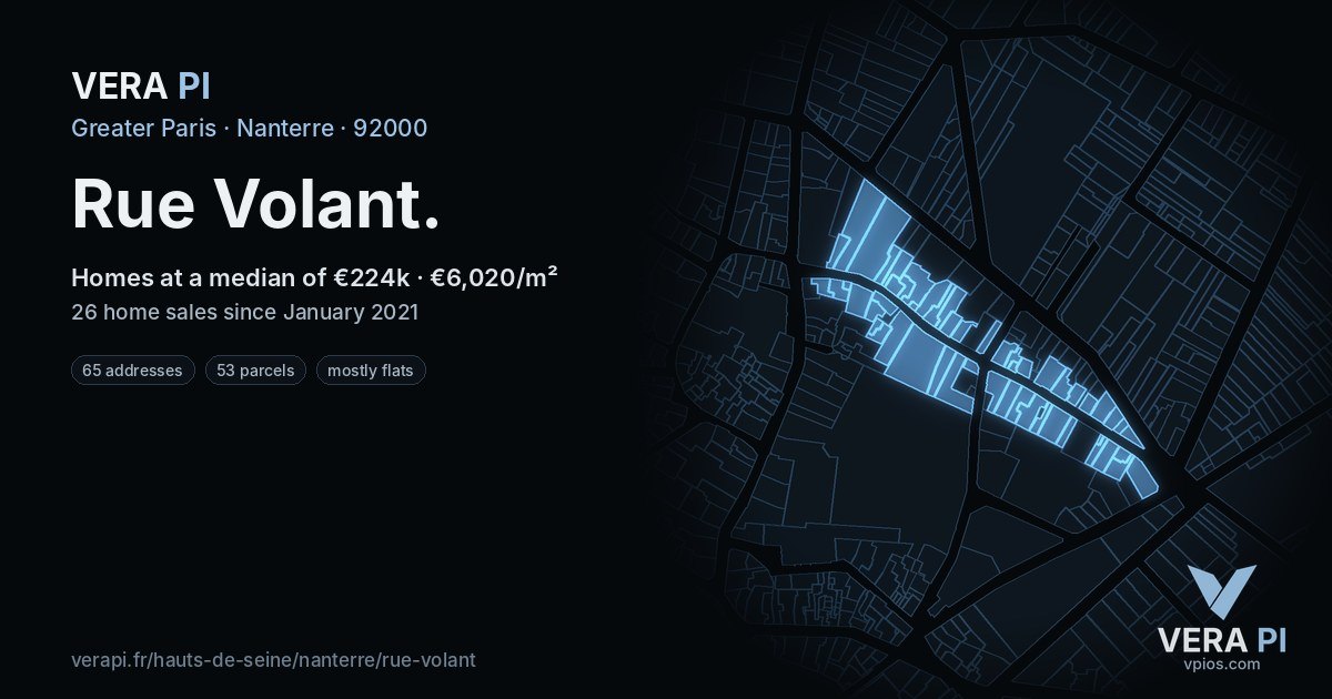 Rue Volant, Nanterre at night – every parcel coloured by the prices around it, the street's own parcels lit