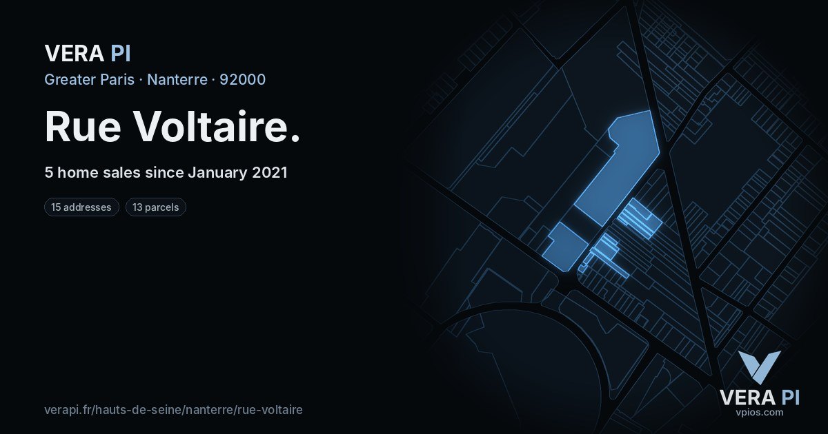 Rue Voltaire, Nanterre at night – every parcel coloured by the prices around it, the street's own parcels lit