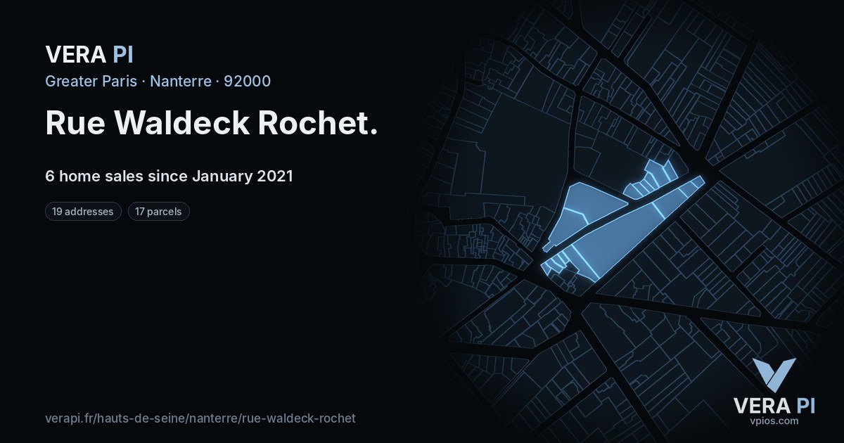 Rue Waldeck Rochet, Nanterre at night – every parcel coloured by the prices around it, the street's own parcels lit