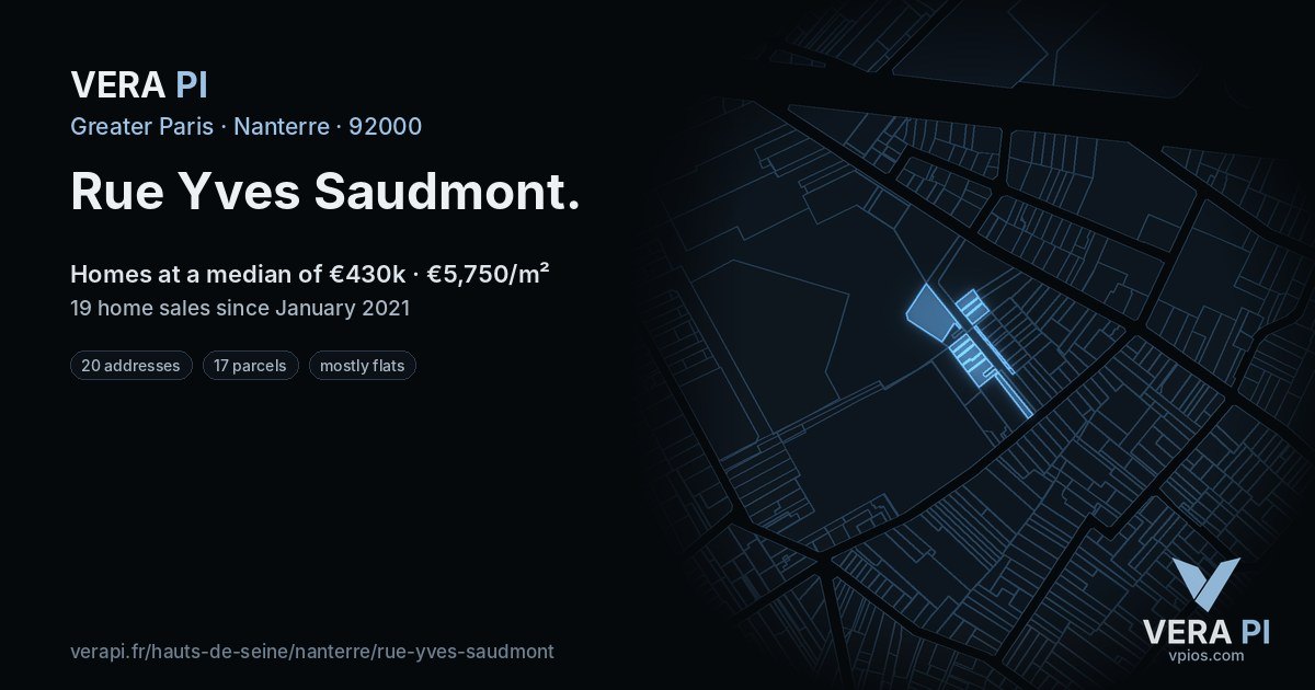 Rue Yves Saudmont, Nanterre at night – every parcel coloured by the prices around it, the street's own parcels lit