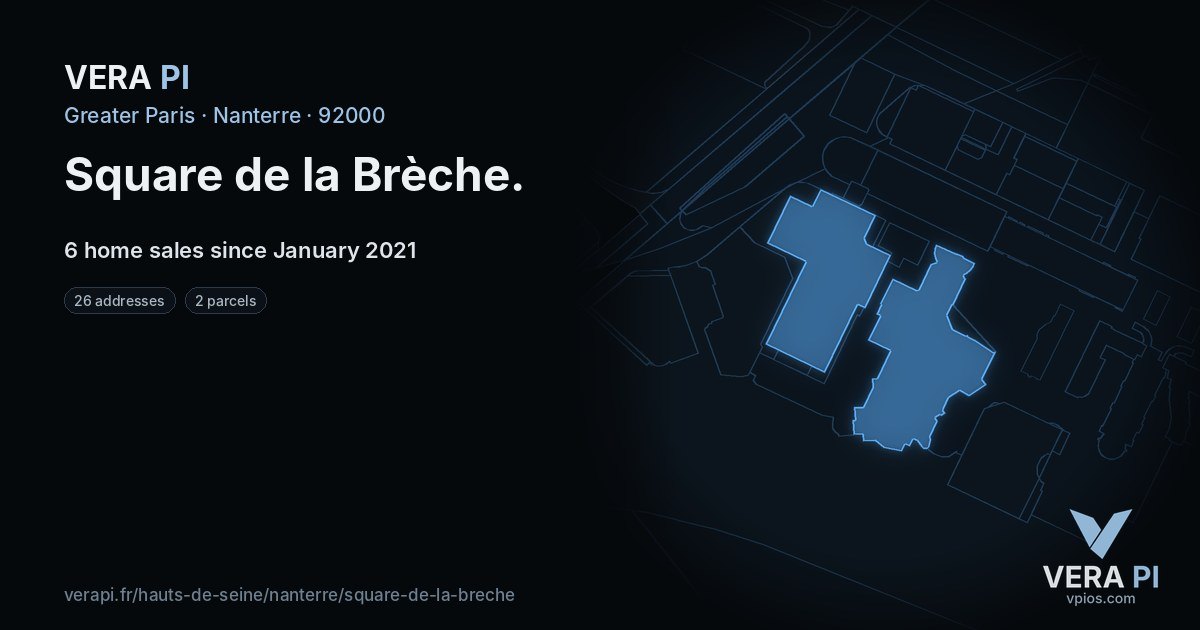 Square de la Brèche, Nanterre at night – every parcel coloured by the prices around it, the street's own parcels lit