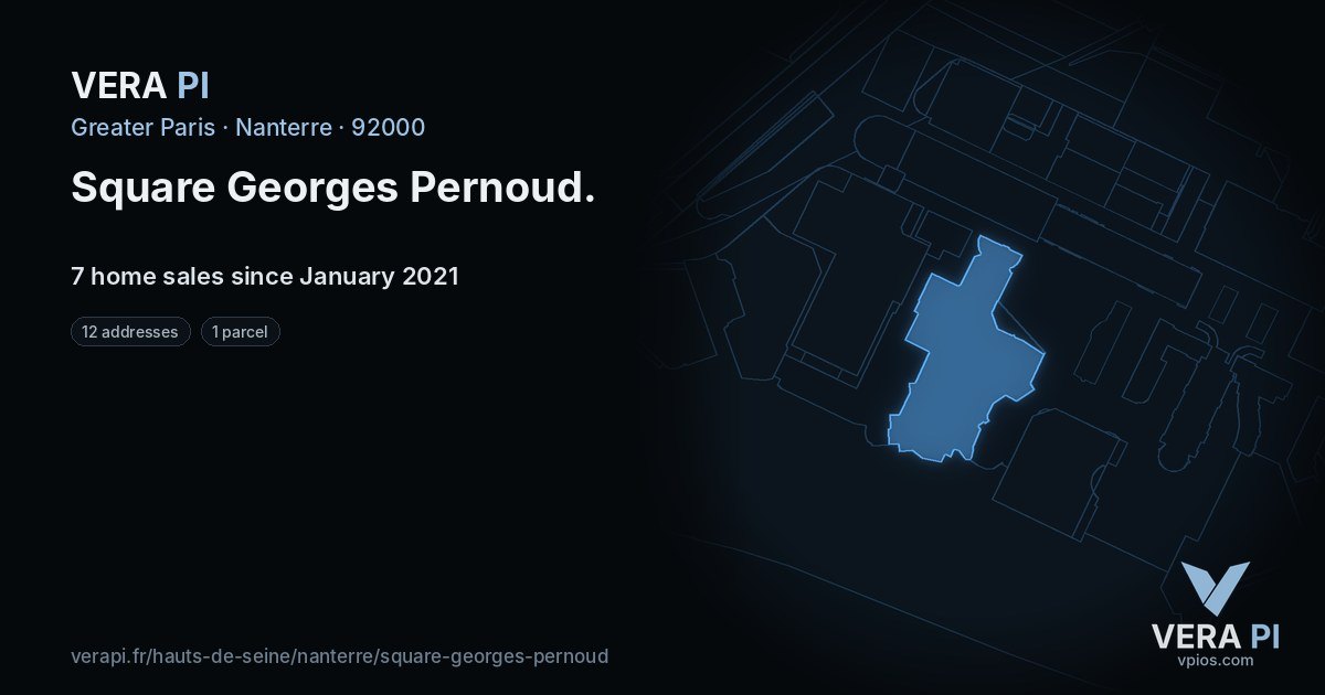 Square Georges Pernoud, Nanterre at night – every parcel coloured by the prices around it, the street's own parcels lit