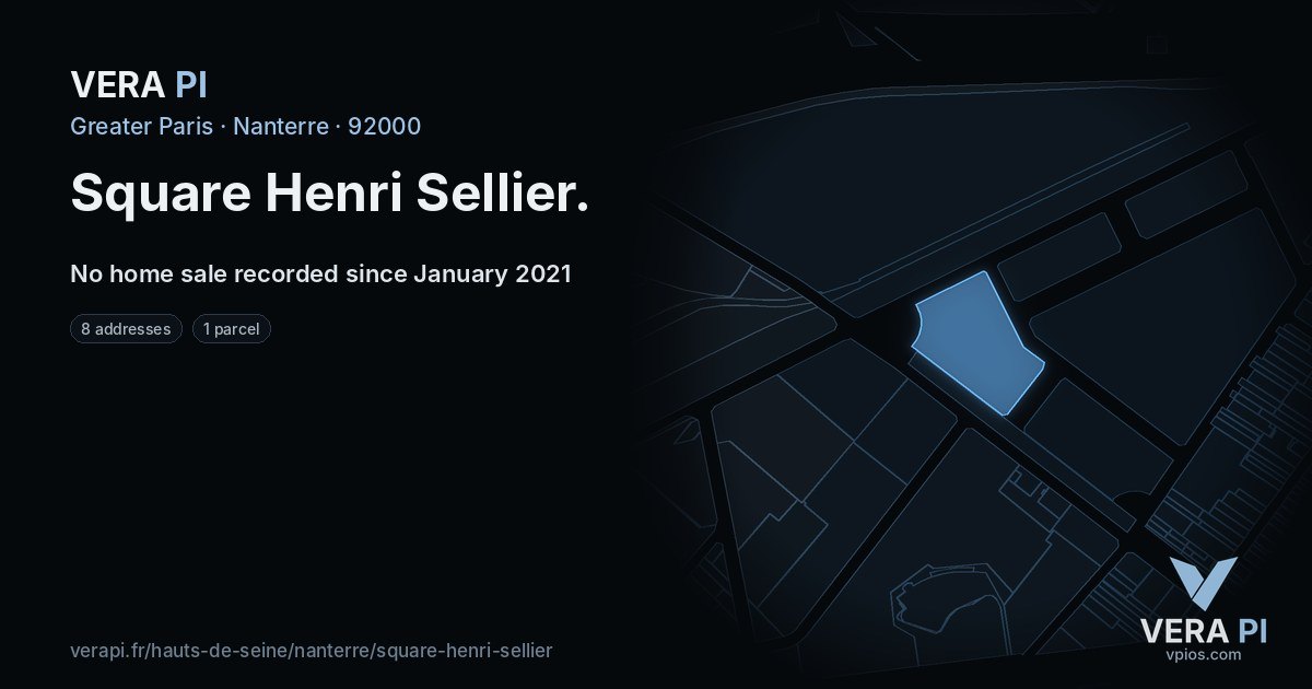 Square Henri Sellier, Nanterre at night – every parcel coloured by the prices around it, the street's own parcels lit