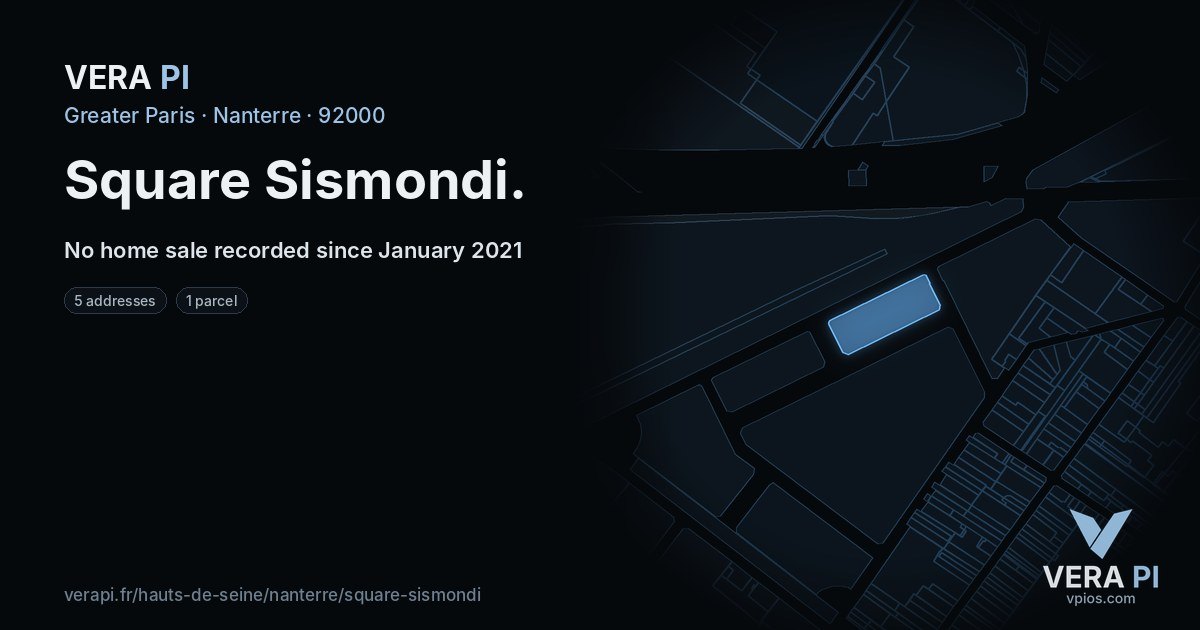 Square Sismondi, Nanterre at night – every parcel coloured by the prices around it, the street's own parcels lit