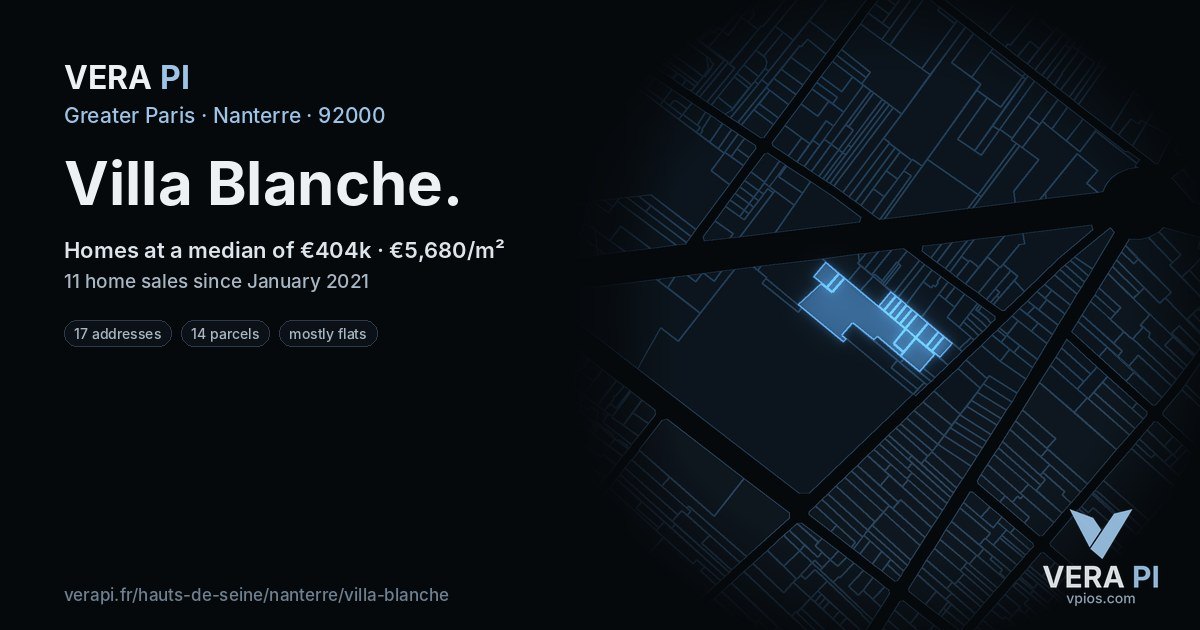 Villa Blanche, Nanterre at night – every parcel coloured by the prices around it, the street's own parcels lit