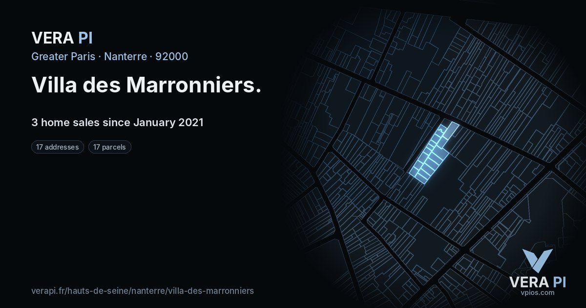 Villa des Marronniers, Nanterre at night – every parcel coloured by the prices around it, the street's own parcels lit