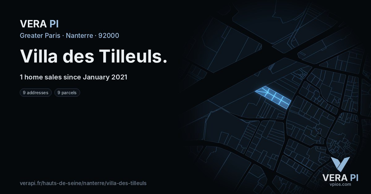Villa des Tilleuls, Nanterre at night – every parcel coloured by the prices around it, the street's own parcels lit