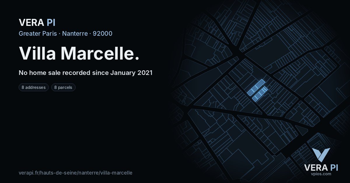 Villa Marcelle, Nanterre at night – every parcel coloured by the prices around it, the street's own parcels lit