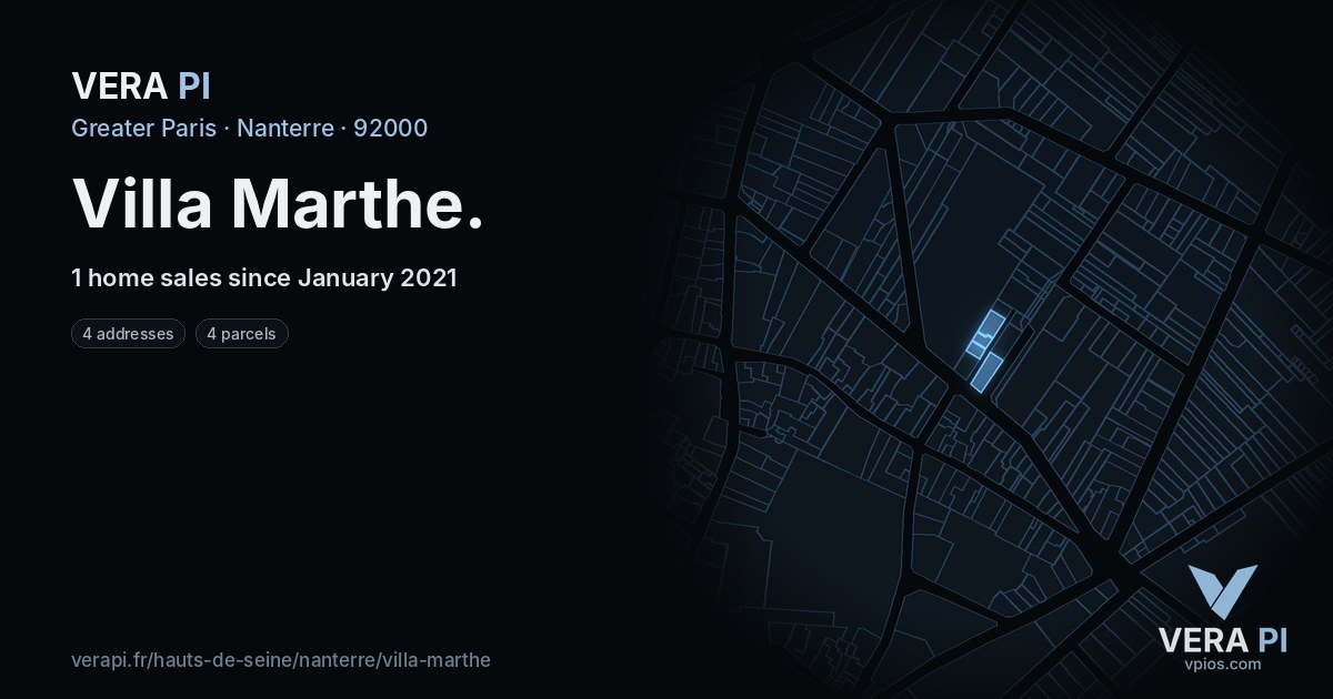 Villa Marthe, Nanterre at night – every parcel coloured by the prices around it, the street's own parcels lit