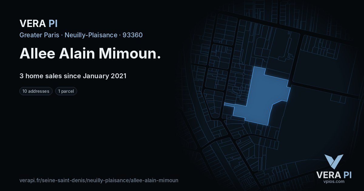 Allee Alain Mimoun, Neuilly-Plaisance at night – every parcel coloured by the prices around it, the street's own parcels lit