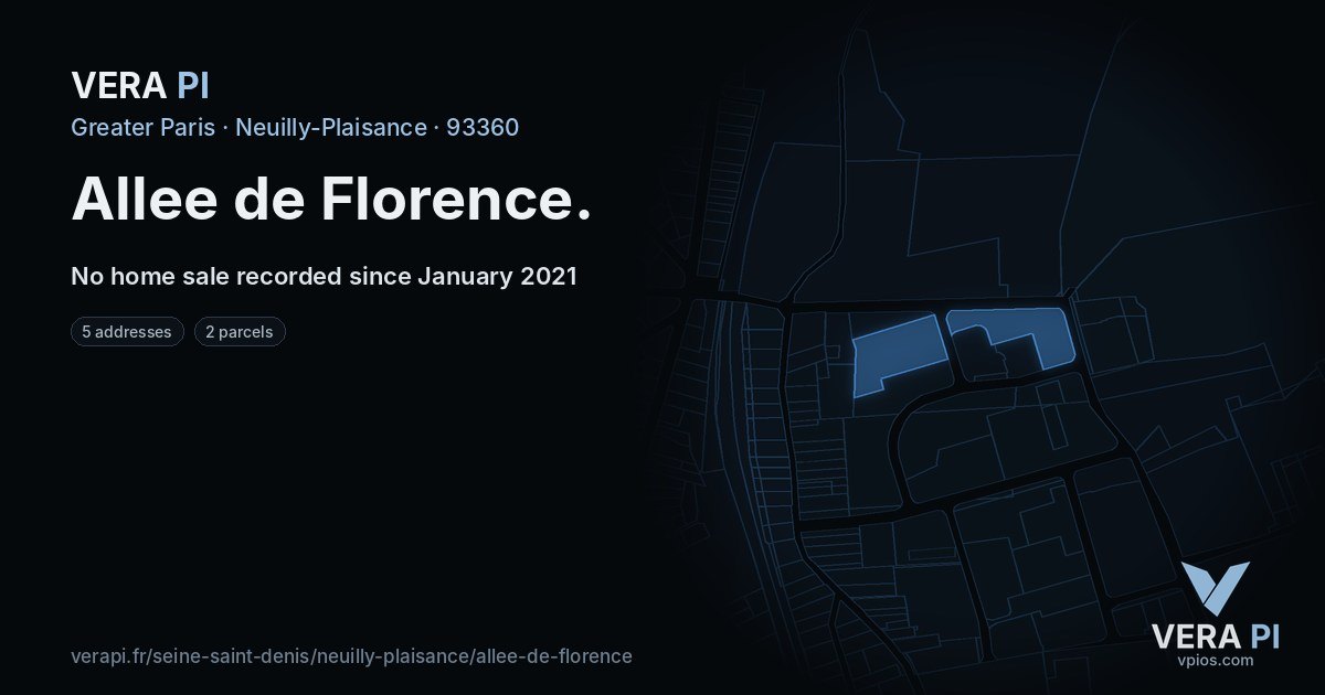 Allee de Florence, Neuilly-Plaisance at night – every parcel coloured by the prices around it, the street's own parcels lit