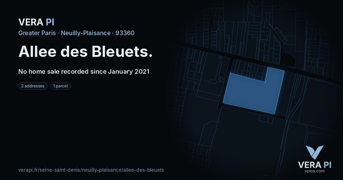 Allee des Bleuets, Neuilly-Plaisance at night – every parcel coloured by the prices around it, the street's own parcels lit