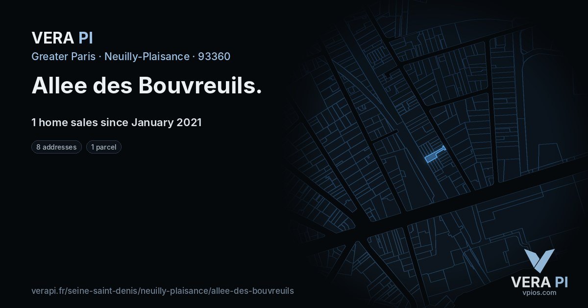 Allee des Bouvreuils, Neuilly-Plaisance at night – every parcel coloured by the prices around it, the street's own parcels lit