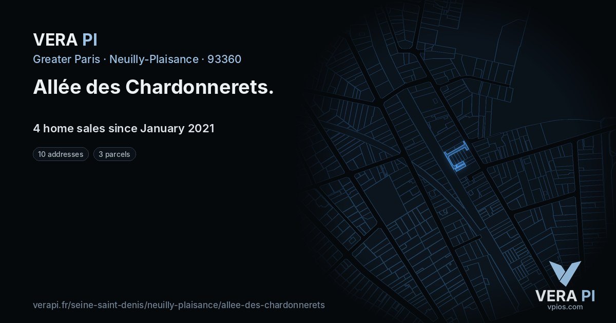 Allée des Chardonnerets, Neuilly-Plaisance at night – every parcel coloured by the prices around it, the street's own parcels lit