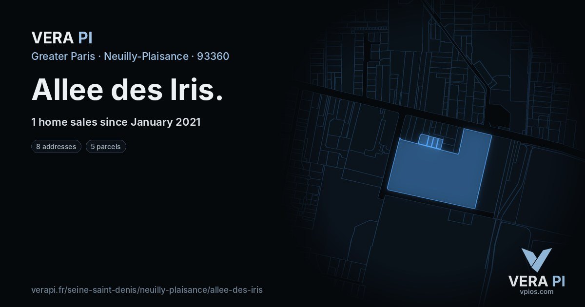 Allee des Iris, Neuilly-Plaisance at night – every parcel coloured by the prices around it, the street's own parcels lit