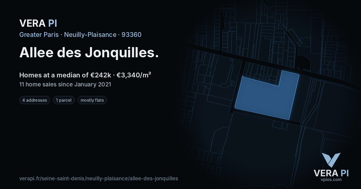 Allee des Jonquilles, Neuilly-Plaisance at night – every parcel coloured by the prices around it, the street's own parcels lit