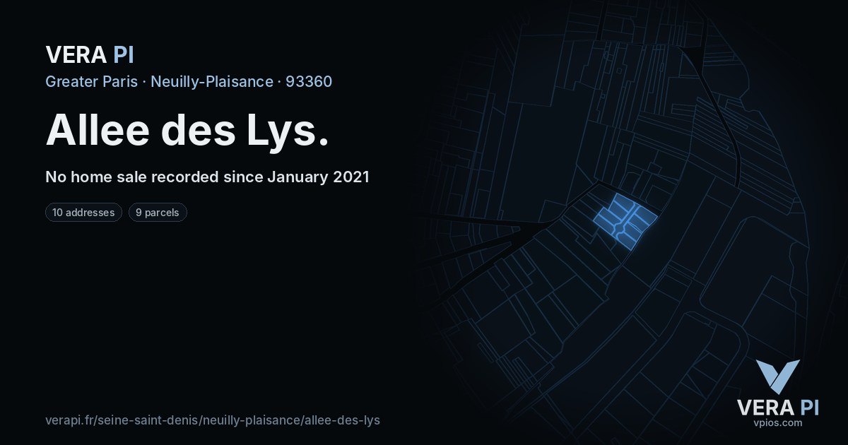 Allee des Lys, Neuilly-Plaisance at night – every parcel coloured by the prices around it, the street's own parcels lit