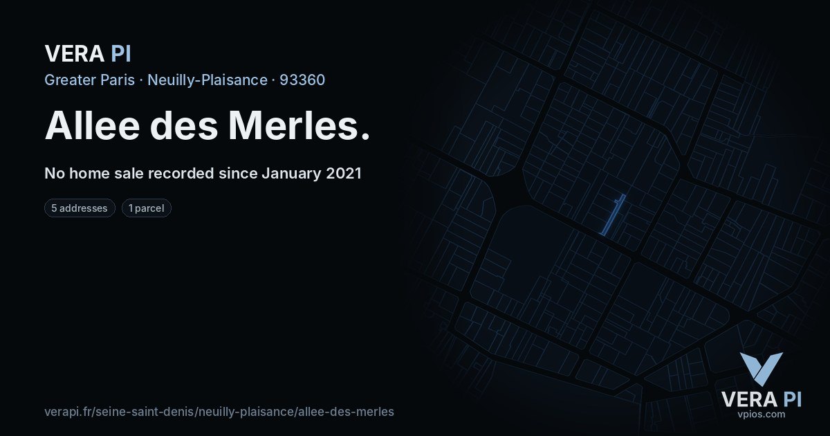 Allee des Merles, Neuilly-Plaisance at night – every parcel coloured by the prices around it, the street's own parcels lit