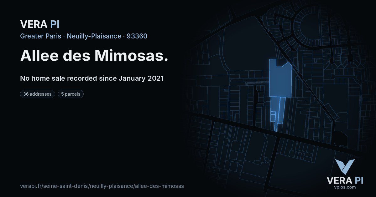 Allee des Mimosas, Neuilly-Plaisance at night – every parcel coloured by the prices around it, the street's own parcels lit
