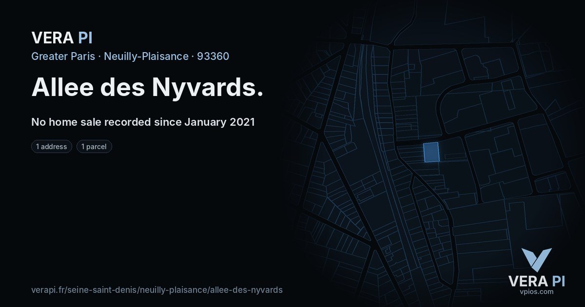 Allee des Nyvards, Neuilly-Plaisance at night – every parcel coloured by the prices around it, the street's own parcels lit