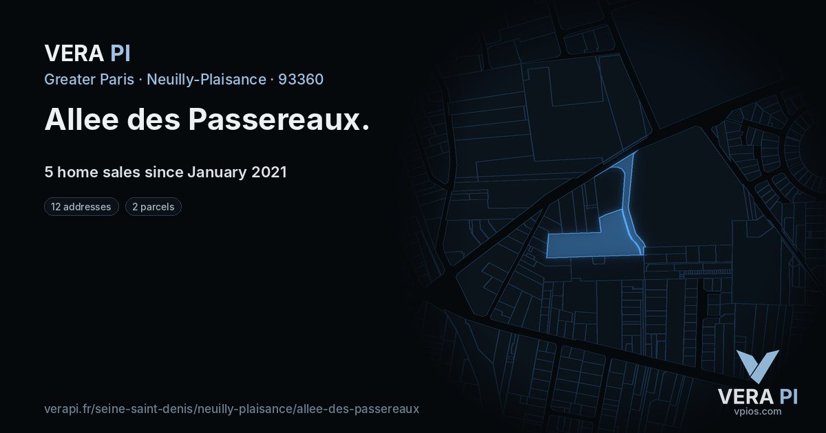 Allee des Passereaux, Neuilly-Plaisance at night – every parcel coloured by the prices around it, the street's own parcels lit