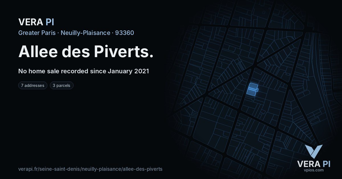 Allee des Piverts, Neuilly-Plaisance at night – every parcel coloured by the prices around it, the street's own parcels lit