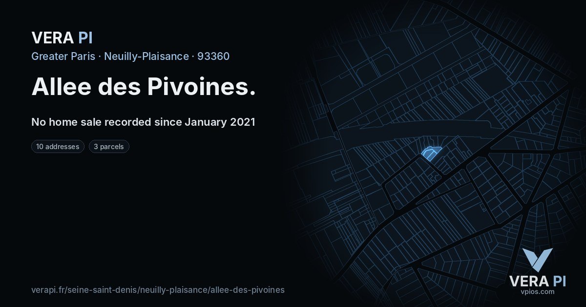 Allee des Pivoines, Neuilly-Plaisance at night – every parcel coloured by the prices around it, the street's own parcels lit